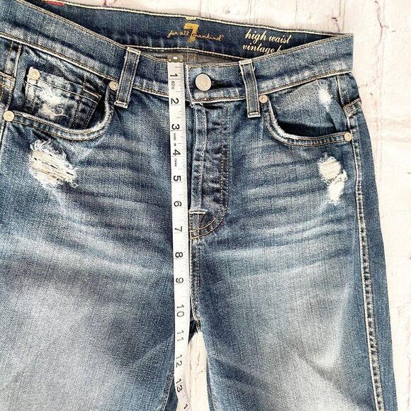 7 For All Mankind Blue Flare Mid Rise Jeans with Distressed Details 25 - Picture 6 of 9